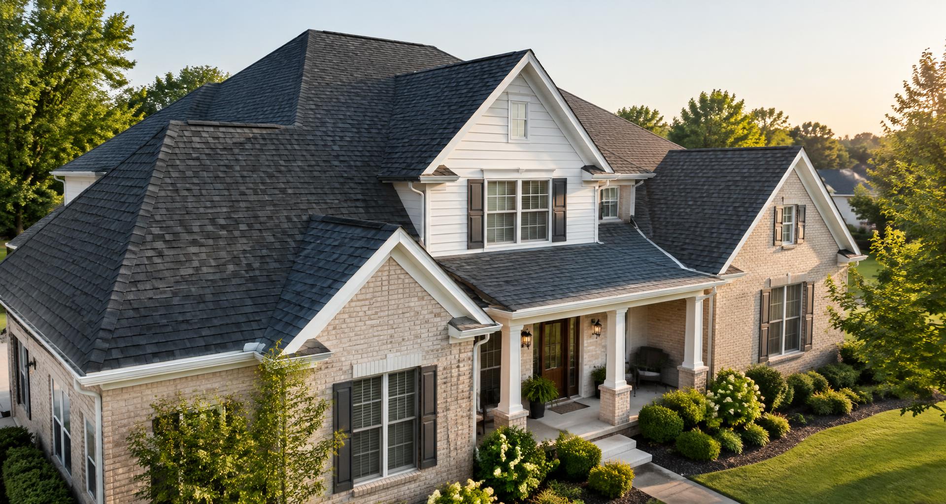 A home protected by a newly installed charcoal shingle roof